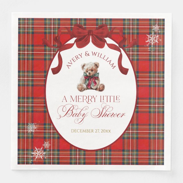 Merry Little Red Bow Christmas Plaid  Paper Dinner Napkins (Front)