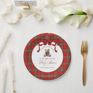 Merry Little Red Bow Christmas Plaid Paper Plates