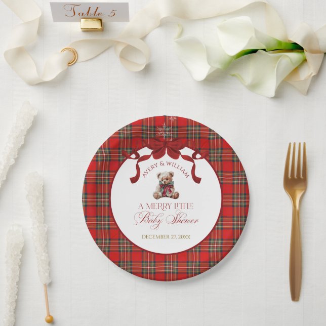 Merry Little Red Bow Christmas Plaid  Paper Plates (Wedding)