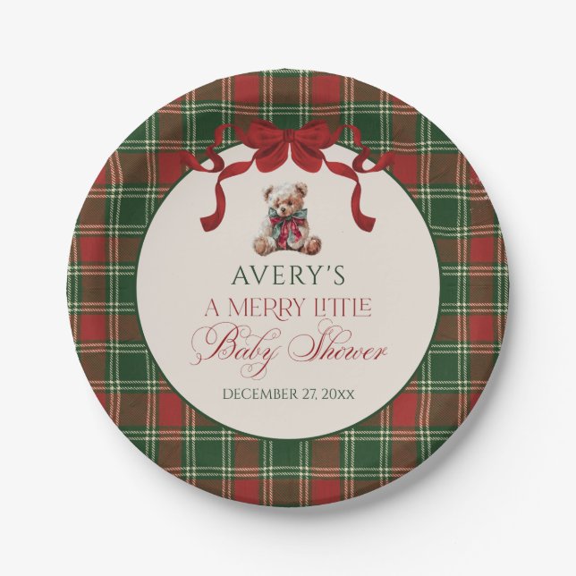 Merry Little Red Bow Christmas Plaid  Paper Plates (Front)