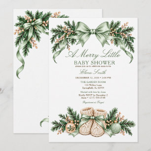 Merry Little Sage Bow Christmas Boots Baby Shower Invitation