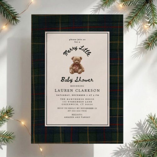 Merry Little Vintage Plaid Teddy Bear Baby Shower Invitation