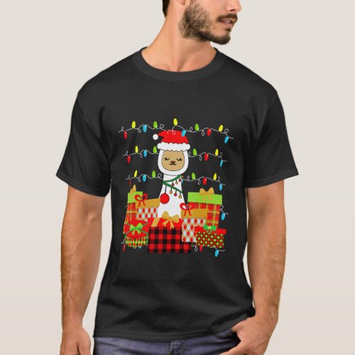 Merry Llama Alpaca Lover Xmas Lights Santa Hat T-Shirt