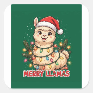 Merry Llamas Funny Christmas Llama Santa Hat Square Sticker
