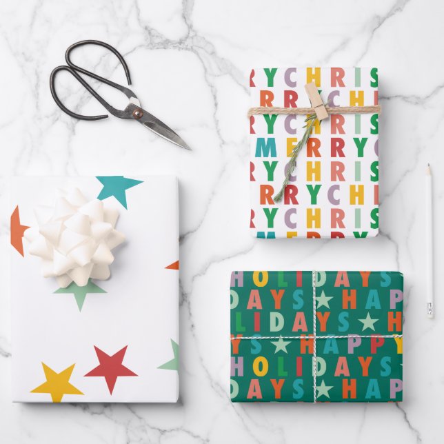 MERRY LOVE JOY | COLORFUL CHRISTMAS WRAPPING PAPER SHEETS (Front)