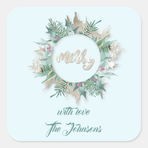 Merry Love Name Mint Aqua Ivory Holidays Wreath Square Sticker