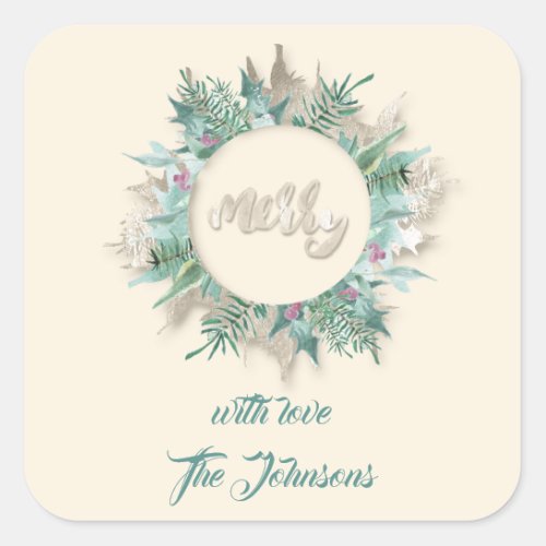 Merry Love Name Mint Green Ivory Holidays Wreath Square Sticker