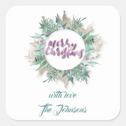 Merry Love Name Mint White Ivory Holidays Purple Square Sticker