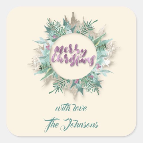 Merry Love Name Mint White Ivory Holidays Purple Square Sticker