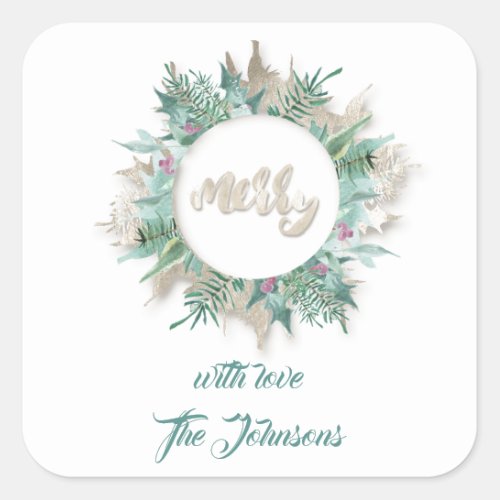 Merry Love Name Mint White Ivory Holidays Wreath Square Sticker