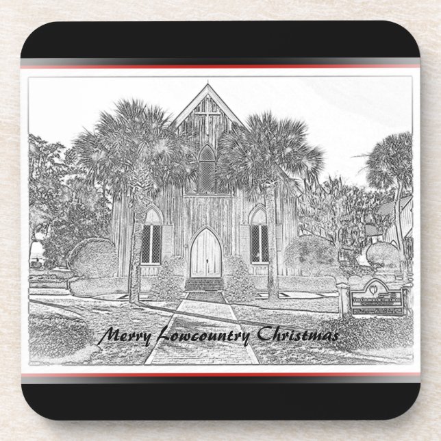 Merry Lowcountry Christmas Bluffton Church Sketch Beverage Coaster (Front)