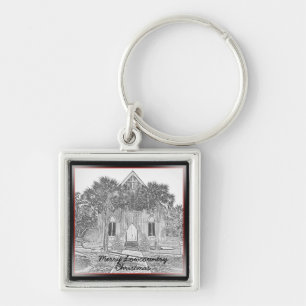 Merry Lowcountry Christmas Bluffton Church Sketch Keychain