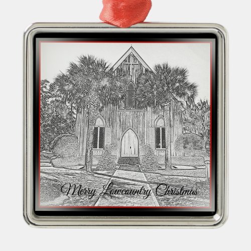 Merry Lowcountry Christmas Bluffton Church Sketch  Metal Ornament