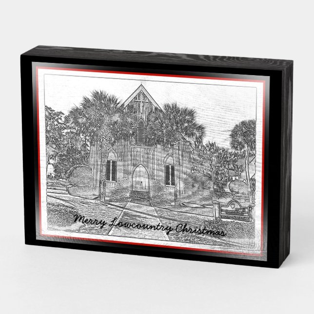 Merry Lowcountry Christmas Bluffton Church Sketch  Wooden Box Sign (Angled Horizontal)