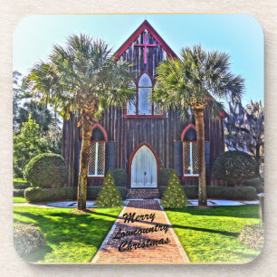 Merry Lowcountry Christmas Bluffton SC Church   Beverage Coaster