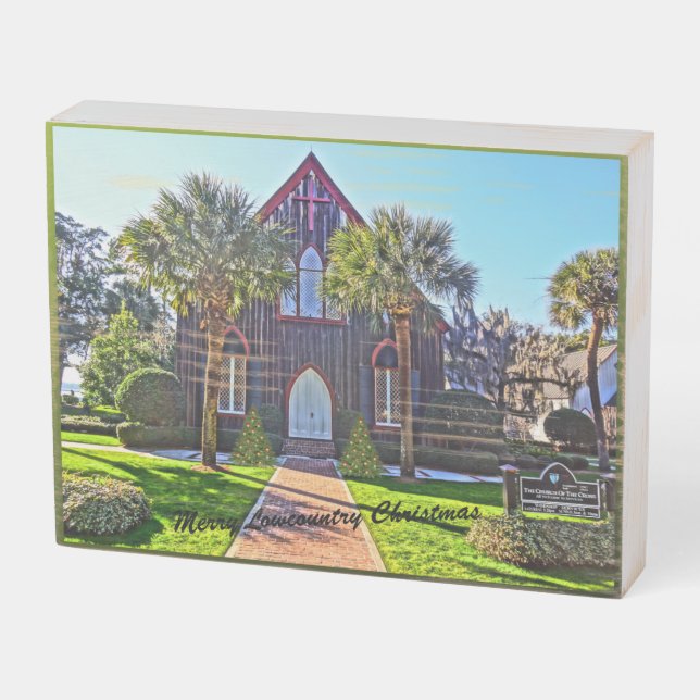 Merry Lowcountry Christmas Bluffton SC Church  Wooden Box Sign (Angled Horizontal)
