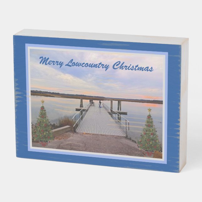 Merry Lowcountry Christmas Bluffton South Carolina Wooden Box Sign (Angled Horizontal)