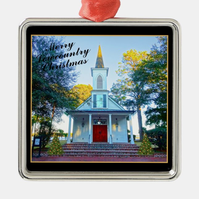 Merry Lowcountry Christmas Chapel Palmetto Bluff Metal Ornament (Front)