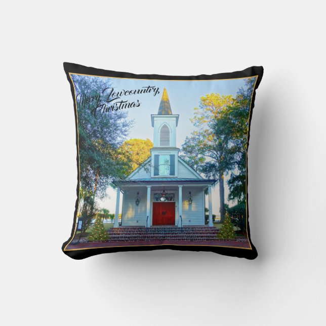 Merry Lowcountry Christmas Chapel Palmetto Bluff  Throw Pillow (Front)