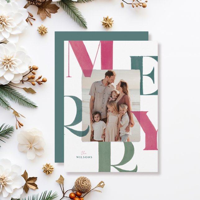 Merry Magenta & Green 2 Photo Christmas Holiday Card (Creator Uploaded)