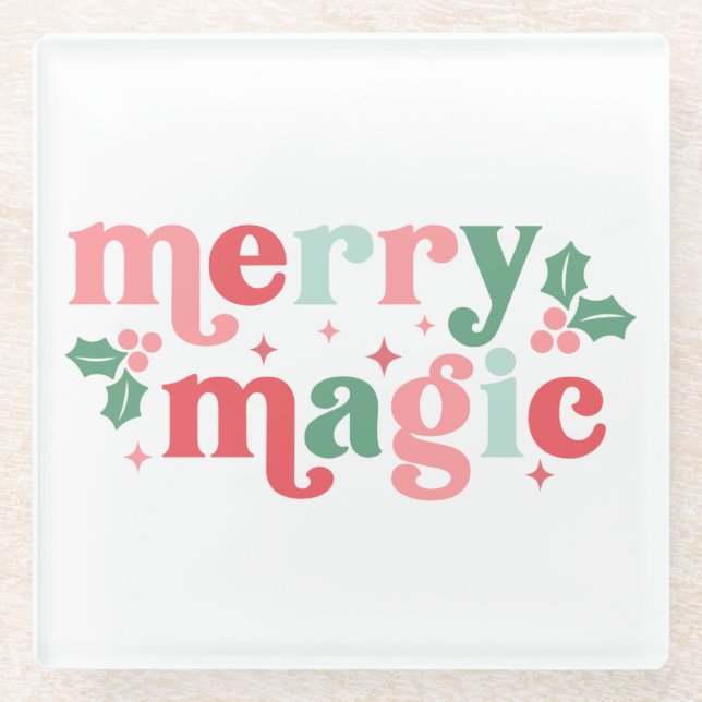 Merry Magic - Colorful Holiday Typography Glass Coaster (Front)