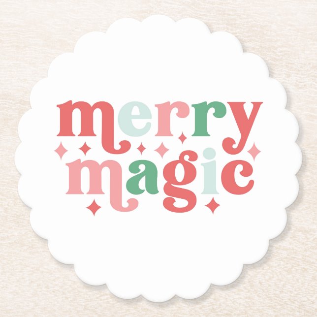 Merry Magic - Colorful Holiday Typography Paper Coaster (Front)