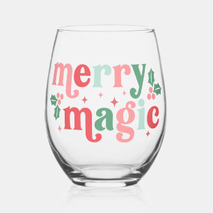 Merry Magic - Colorful Holiday Typography Stemless Wine Glass