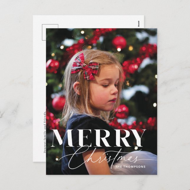 Merry Magic Script Serif Christmas Portrait Photo Holiday Postcard (Front/Back)