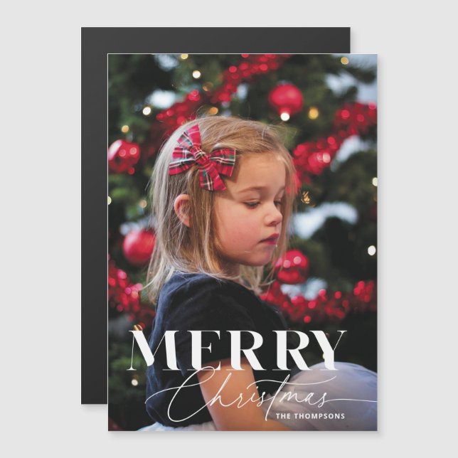 Merry Magic Script Serif Christmas Portrait Photo Magnetic Invitation (Front/Back)