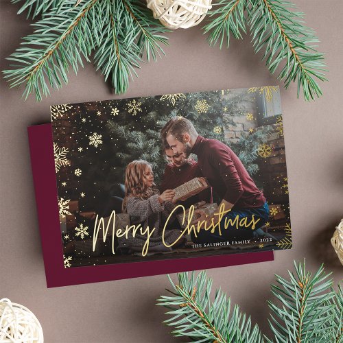 Merry Magic  Snowflake Overlay Photo Christmas Foil Holiday Card