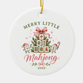 Merry Mahjong Christmas Tree Bow Ceramic Ornament