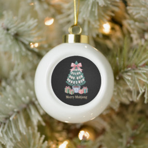 Merry Mahjong Christmas Tree Tiles Gifts Pink Bow Ceramic Ball Christmas Ornament