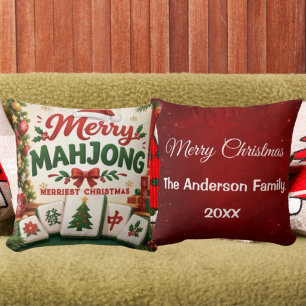 Merry Mahjong Merriest Christmas Family Crimson Throw Pillow
