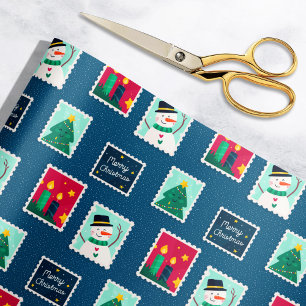 Merry Mail Blue Holiday Postage Stamp Pattern Wrapping Paper
