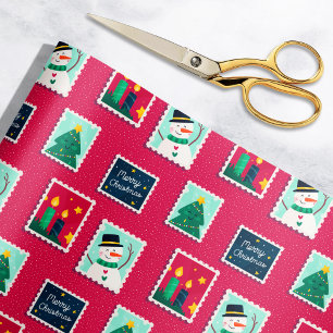 Merry Mail Red Holiday Postage Stamp Pattern Wrapping Paper