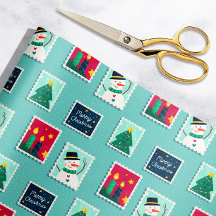 Merry Mail Teal Holiday Postage Stamp Pattern Wrapping Paper