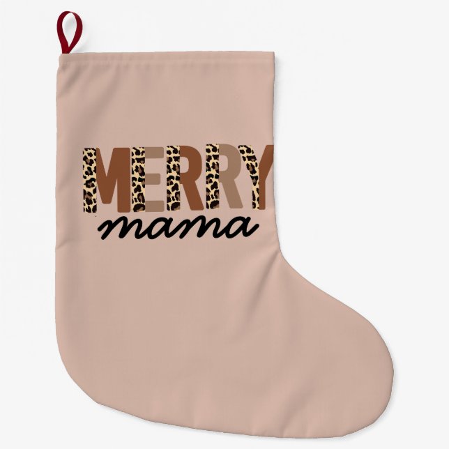"Merry Mama" Boho Leopard Color Block Large Christmas Stocking (Front)