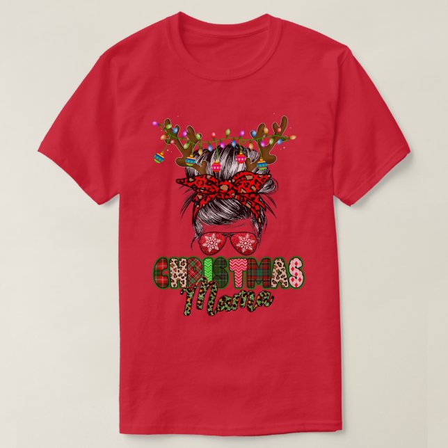 Merry Mama Christmas Messy Bun Ladies Red Plaid Le T-Shirt (Design Front)