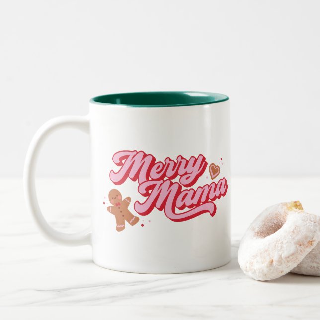 Merry Mama Cute Gingerbread Christmas Holiday Two-Tone Coffee Mug (With Donut)