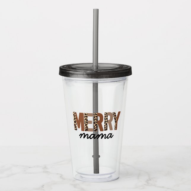 "Merry Mama" Modern Color Block Leopard Boho Acrylic Tumbler (Front)