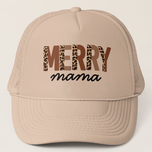 "Merry Mama" Modern Color Block Leopard Boho Trucker Hat (Front)