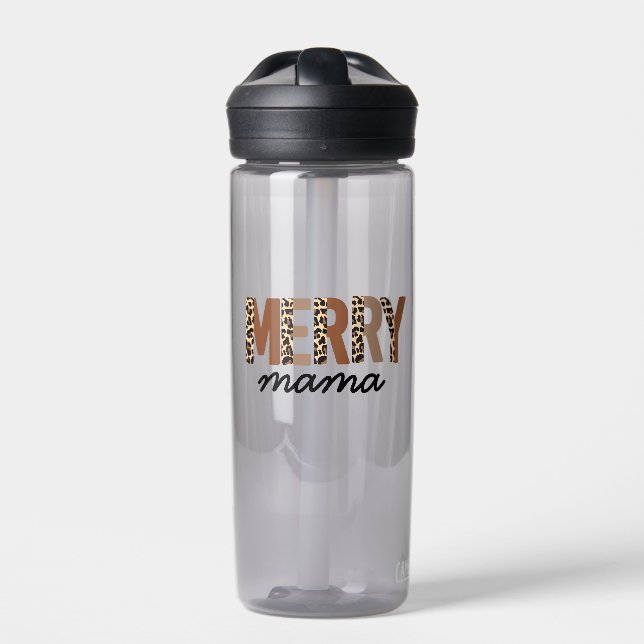 "Merry Mama" Modern Color Block Leopard Boho Water Bottle (Front)