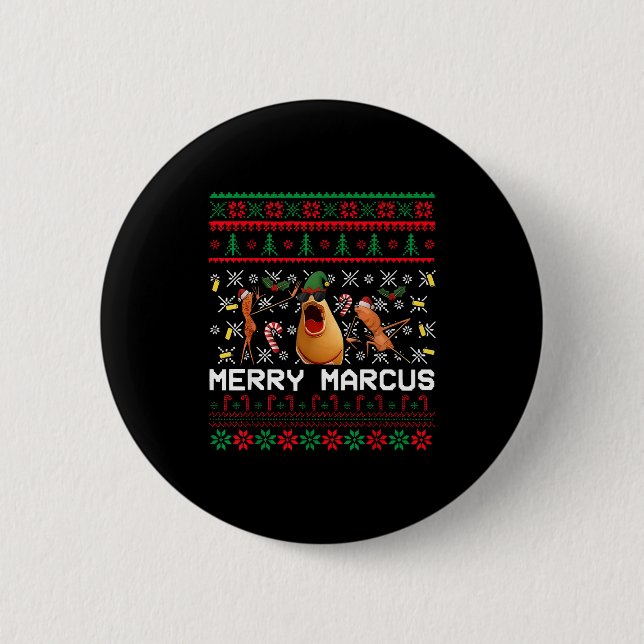 Merry Marcus Ugly Christmas Sweater Funny The Worm Button (Front)