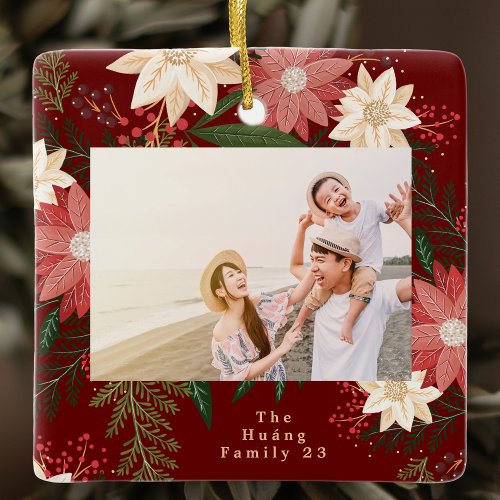 merry maroon christmas photo botanical frame  ceramic ornament