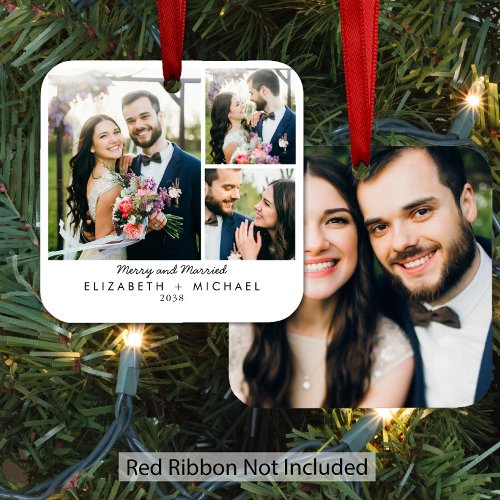 Merry & Married 3 Photo Newlywed Christmas Metal Ornament