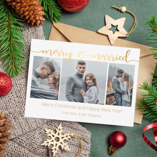 merrymarried 3 photos collage newlyweds gold  note card