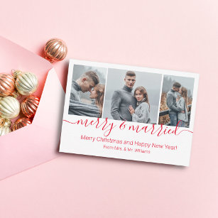 merry&married, 3 photos collage newlyweds holiday  note card