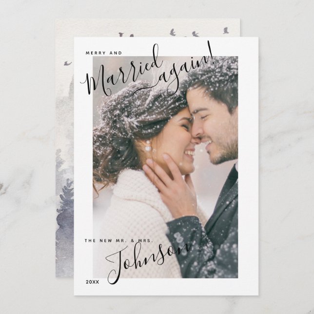 Merry & Married Again Script Name Photo Christmas Holiday Card (Front/Back)