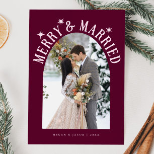 Merry & Married Arch Newlywed Photo Cranberry Holiday Card