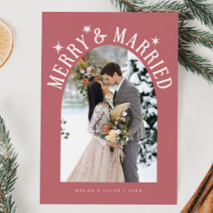 Merry & Married Arch Newlywed Photo Pink Holiday Card